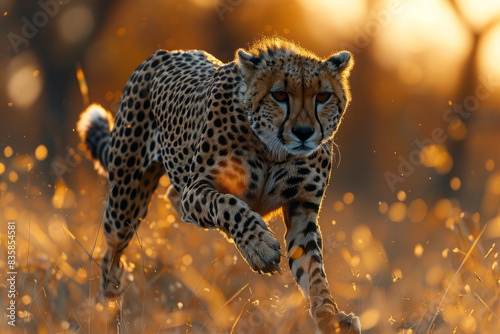 cheetah running in Kruger National Park with the Savannah trees in the background, generative ai