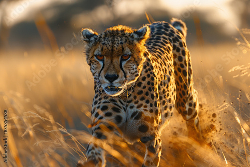 cheetah running in Kruger National Park with the Savannah trees in the background, generative ai