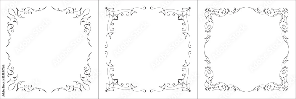 Set of three vector frames. Elegant black and white monochrome ornamental border for greeting cards, banners, invitations. Vector frame for all sizes and formats. Isolated vector illustration.	