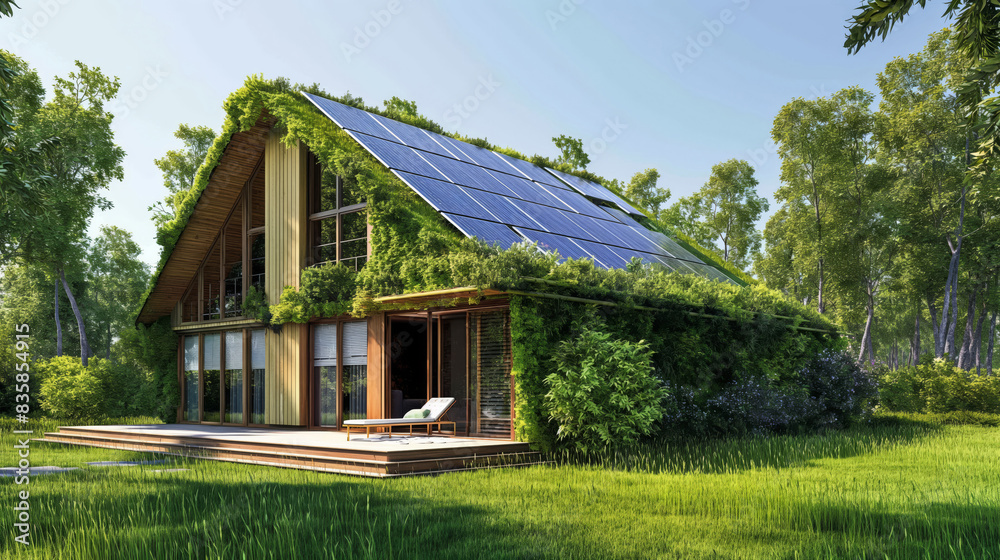 Eco-friendly House With Solar Panels And Green Roof In Forest Setting Eco-friendly House With Solar Panels And Green Roof In Forest Setting