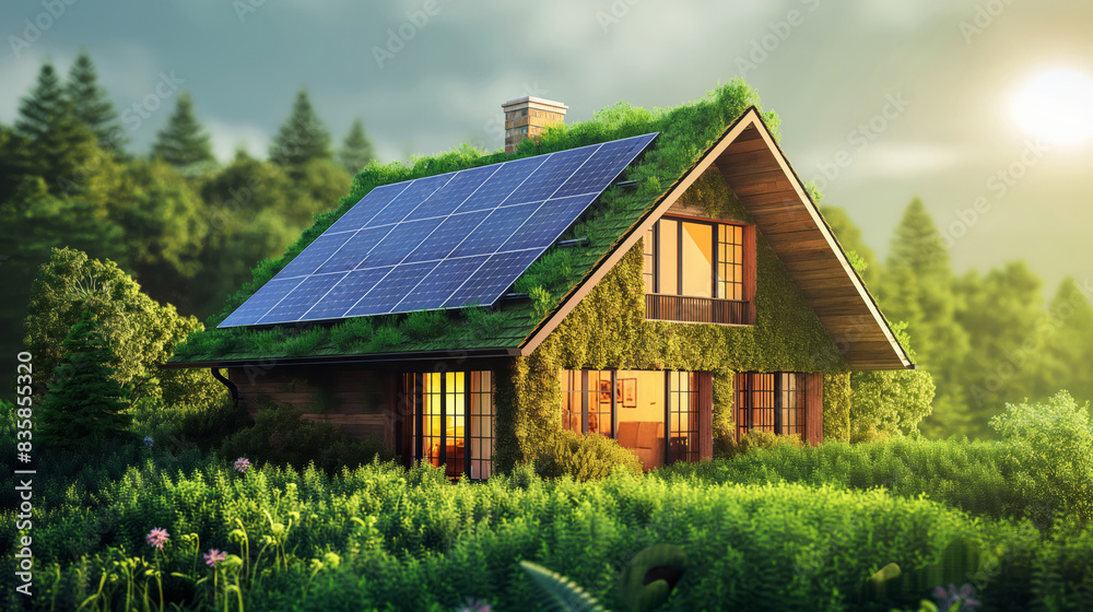Contemporary House Featuring Green Roof, Solar Panels, And Lush Surroundings Contemporary House Featuring Green Roof, Solar Panels, And Lush Surroundings