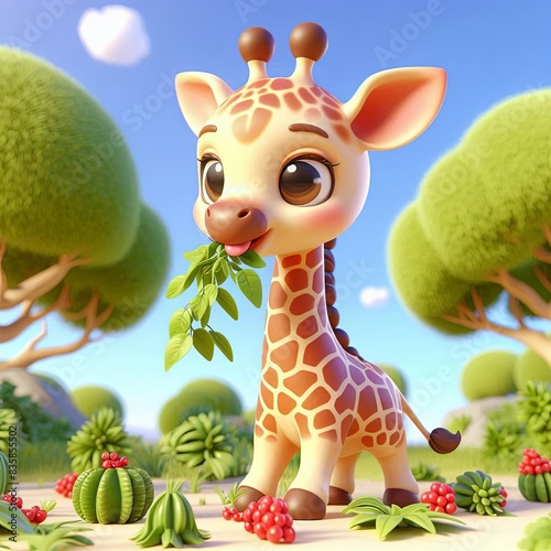 Cute cartoon giraffe eating leaves, cartoon, 3D Generative AI photo