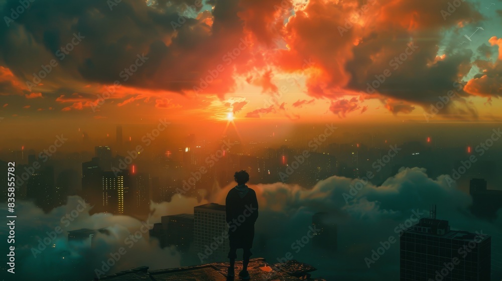 Obraz premium A person standing on a rooftop, looking out at a city skyline