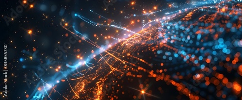 Digital background featuring an earth with blue and orange light rays, beams, fiber optic cables, tech grid elements, and dark sky 