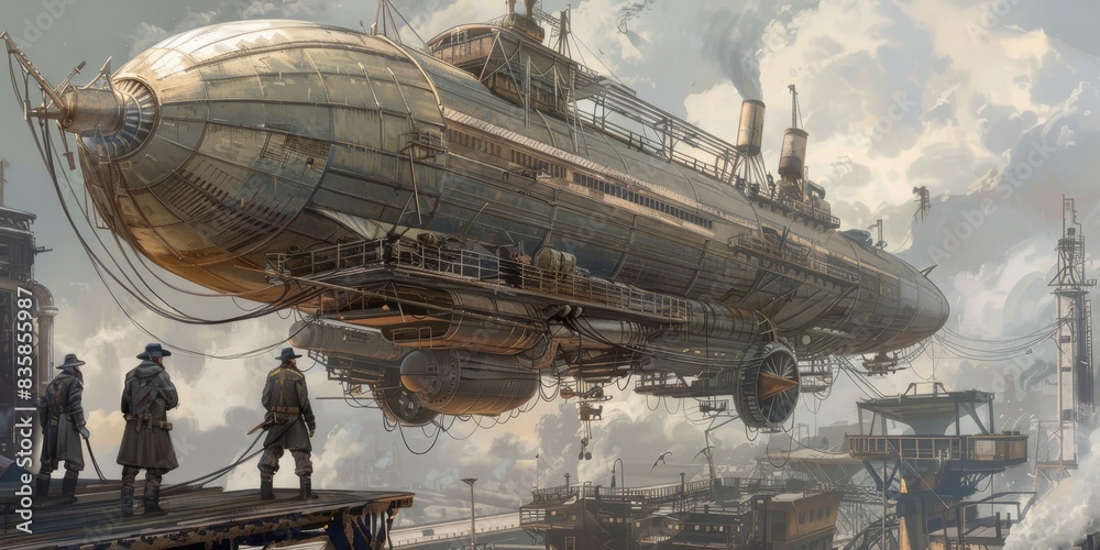 A steampunk-inspired artwork showcasing a fantastical airship undergoing meticulous maintenance generated by AI A steampunk-inspired artwork showcasing a fantastical airship undergoing meticulous maintenance generated by AI
