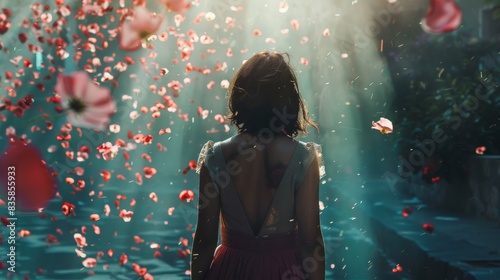 Woman in a white dress amidst falling rose petals © Leli