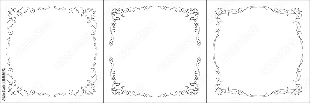 Set of three vector frames. Elegant black and white monochrome ornamental border for greeting cards, banners, invitations. Vector frame for all sizes and formats. Isolated vector illustration. Set of three vector frames. Elegant black and white monochrome ornamental border for greeting cards, banners, invitations. Vector frame for all sizes and formats. Isolated vector illustration.
