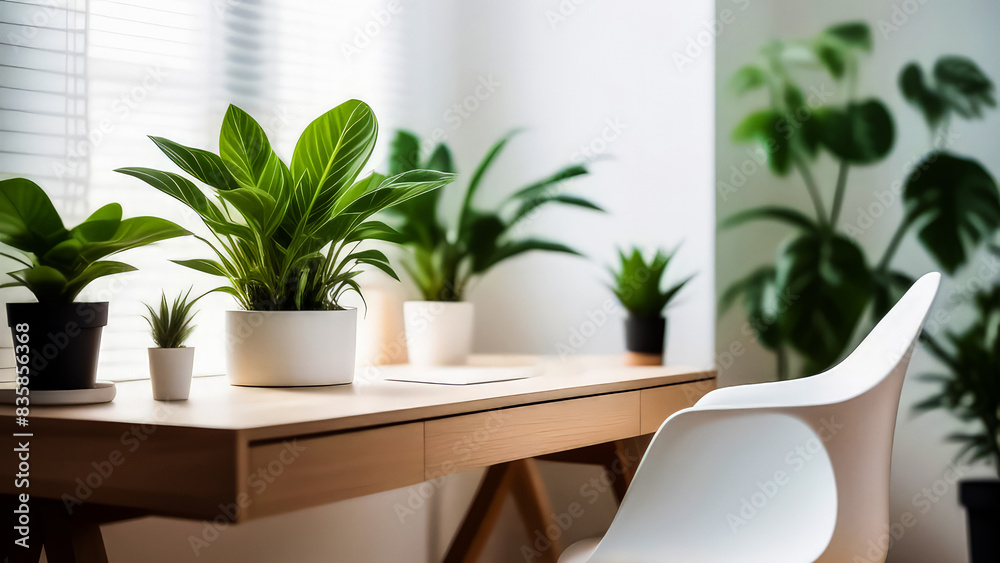 Green indoor plants in white pots sit on a desktop near the window, bathed in sunlight, creating a comforting and serene atmosphere. Copy space. Green indoor plants in white pots sit on a desktop near the window, bathed in sunlight, creating a comforting and serene atmosphere. Copy space.