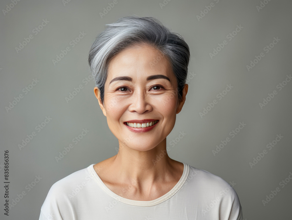 Elderly smiling eastern woman with smooth healthy facial skin. Beautiful aging mature woman with gray hair, happy face. Concept of advertising beauty and cosmetics for women's skin care. Copy space.