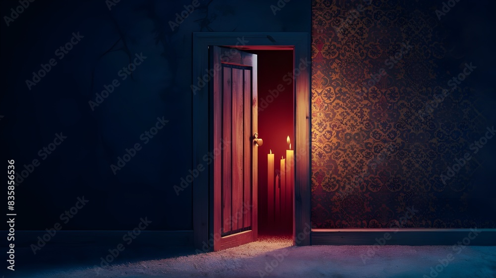 A wooden door opening to a dimly lit room with a intricately patterned wallpaper on one of the walls
A wooden door opening to a dimly lit room with a intricately patterned wallpaper on one of the walls