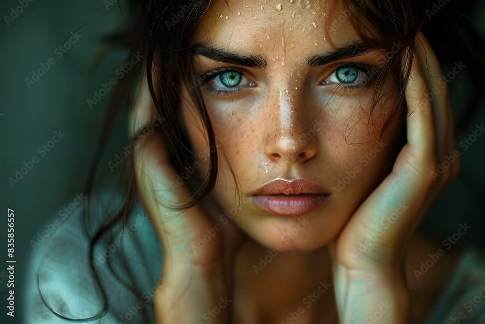 Close-up portrait of a beautiful young woman with green eyes and wet face Close-up portrait of a beautiful young woman with green eyes and wet face