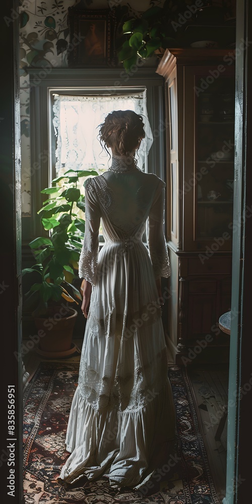 Woman in White Dress Standing by Window in Old House Woman in White Dress Standing by Window in Old House