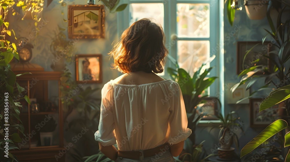 Woman Standing by Window in a Room with Plants Woman Standing by Window in a Room with Plants