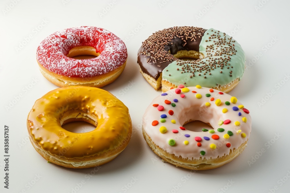 Realistic photograph of a complete Doughnut charts,solid stark white background, focused lighting