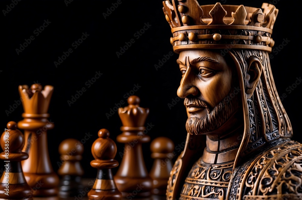 Obraz premium Regal Majesty: Detailed Chess King Piece Illuminated Against a Black Background