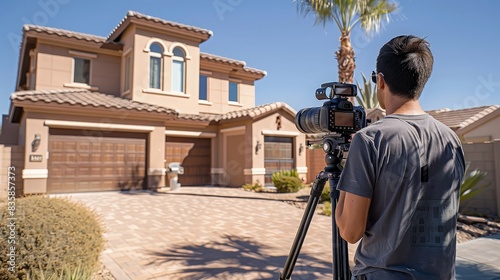 A photographer capturing images of a modern house for a real estate listing, highlighting professional property marketing.