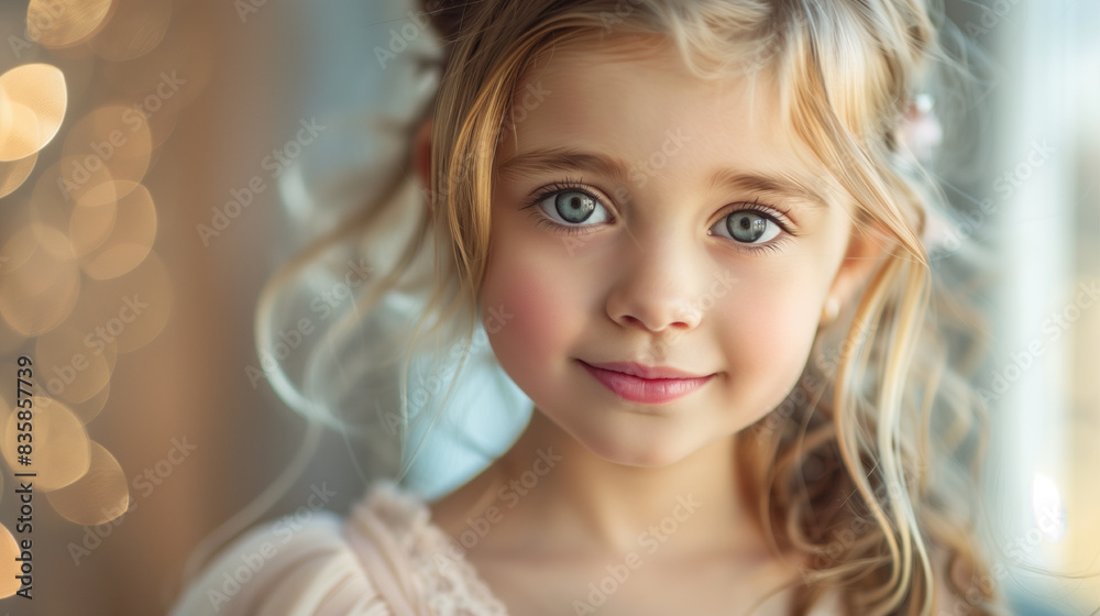 A young girl with long blonde hair and blue eyes is wearing a flowery headband. She is looking directly at the camera with a smile on her face A young girl with long blonde hair and blue eyes is wearing a flowery headband. She is looking directly at the camera with a smile on her face