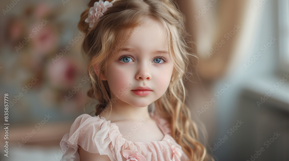A young girl with long blonde hair and blue eyes is wearing a flowery headband. She is looking directly at the camera with a smile on her face A young girl with long blonde hair and blue eyes is wearing a flowery headband. She is looking directly at the camera with a smile on her face