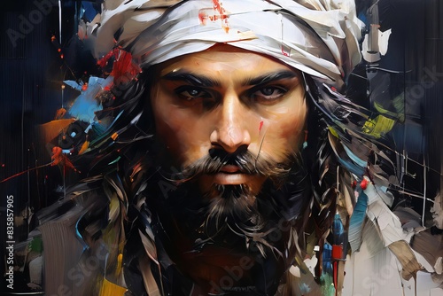 A man with a beard and a turban is painted on a canvas © Любовь Переславцева