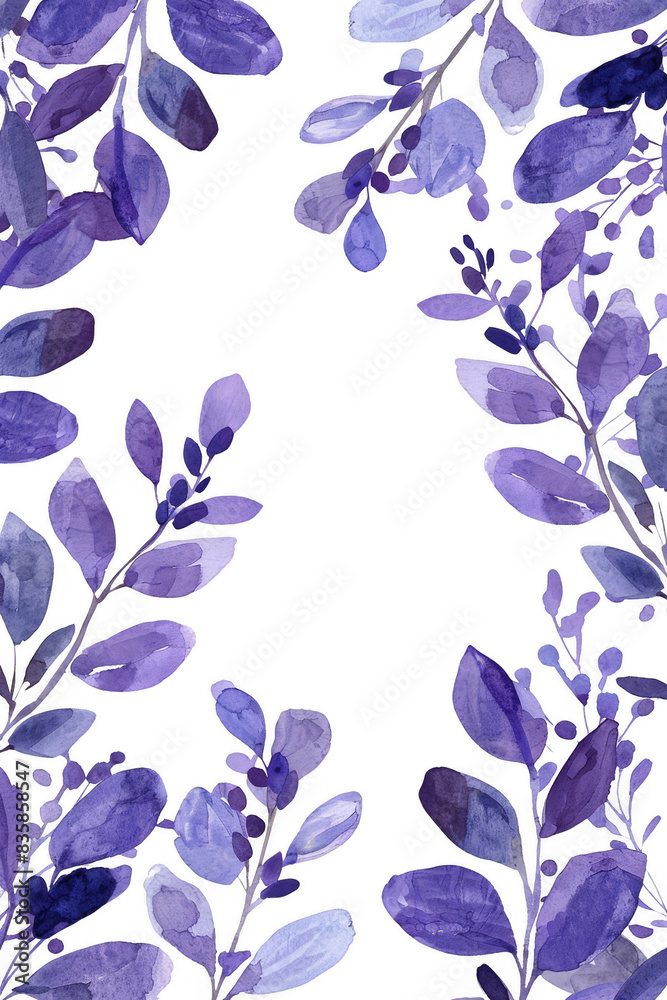 Fototapeta premium Elegant watercolor floral frame with violet and purple leaves. Perfect for invitations, backgrounds, and seasonal designs.