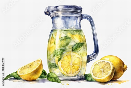 A pitcher of lemonade with a few slices of lemon on the side photo