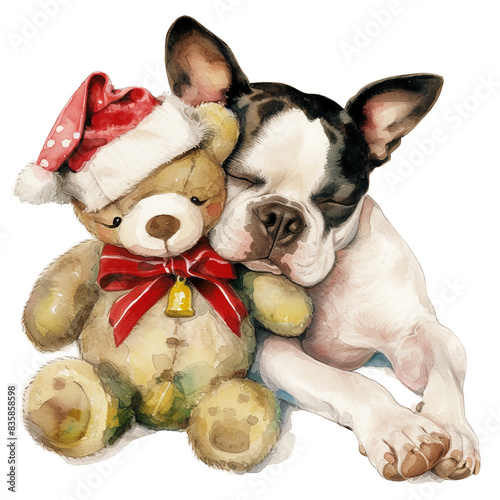 Adorable Boston Terrier Dog Cuddling with Cute Teddy Bear in a Beautiful Watercolor Painting photo