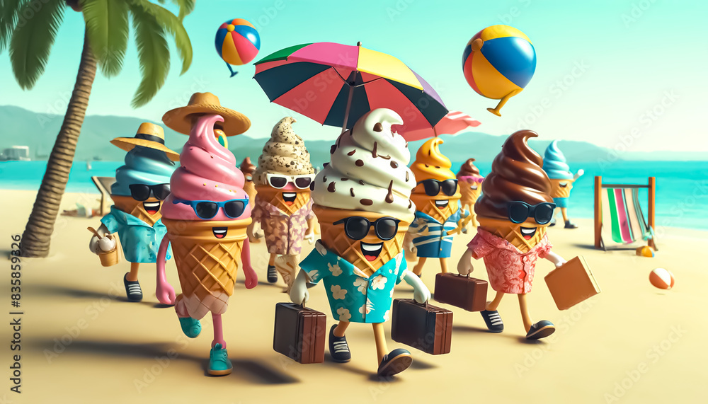 Fototapeta premium A group of funky ice cream go to the beach with beach accessories, a tropical background, 3d,