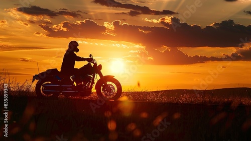 Silhouette photo of biker driving motorcycle in sunset on the on country road.