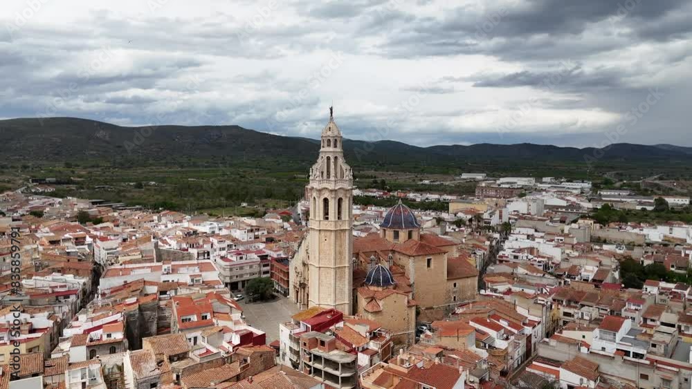 Aerial view from drone Church of San Juan Bautista in Alcala de Chivert Spain Aerial view from drone Church of San Juan Bautista in Alcala de Chivert Spain