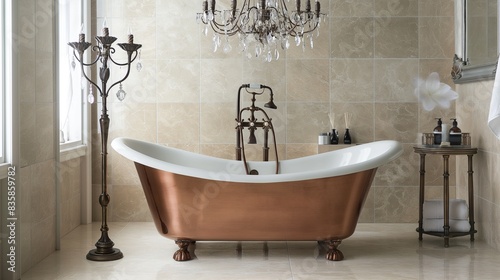 An elegant luxury bathroom featuring a freestanding copper bathtub  vintage-style fixtures  and a crystal chandelier  surrounded by light marble tiles.