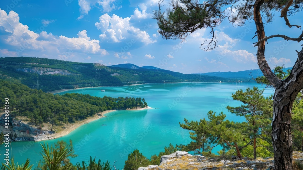Scenic views on a bright summer day overlooking a lake with turquoise water Scenic views on a bright summer day overlooking a lake with turquoise water