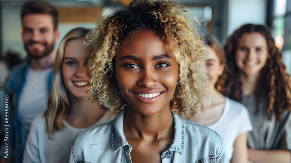 Obraz premium portrait of a smiling african american woman with blonde hair in a group of multiethnic friends