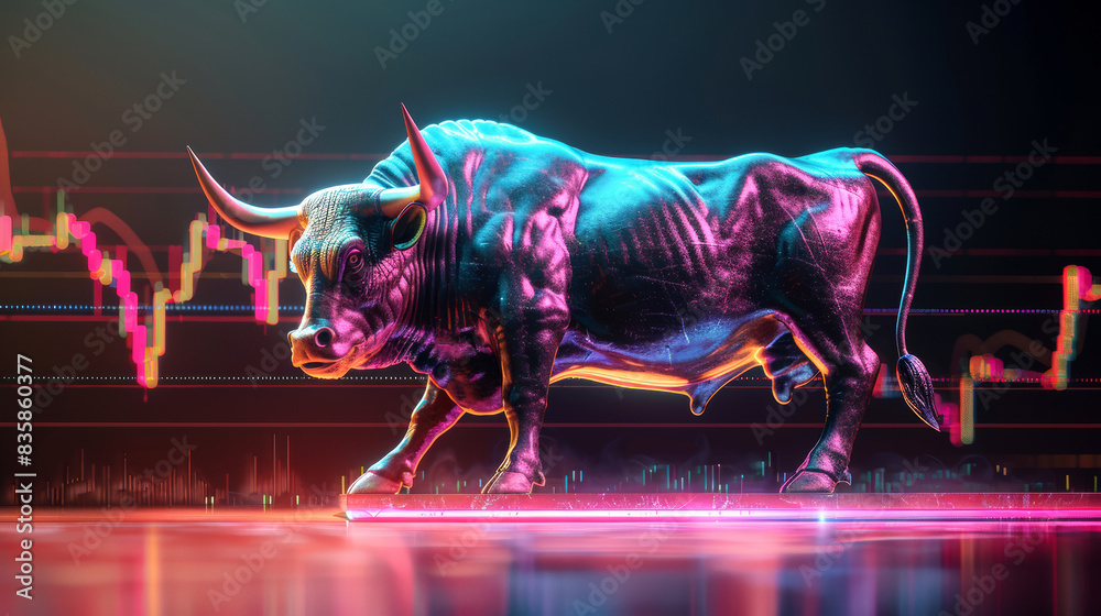 Big bull and stock market. Bull market, Online stock exchange concept. Earnings on the growth of the value of assets Big bull and stock market. Bull market, Online stock exchange concept. Earnings on the growth of the value of assets