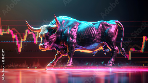 Big bull and stock market. Bull market, Online stock exchange concept. Earnings on the growth of the value of assets