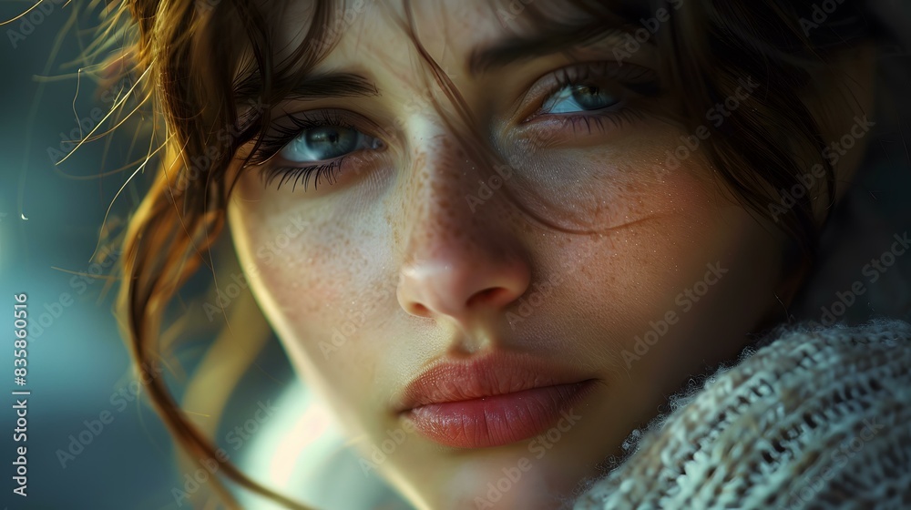 Portrait of a young woman with freckles and blue eyes Portrait of a young woman with freckles and blue eyes
