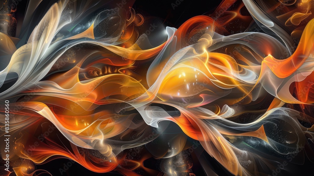 Fototapeta premium Computer created fractal artwork featuring abstract multicolored waves against a black backdrop in a vibrant spectrum of orange yellow brown grey and white hues