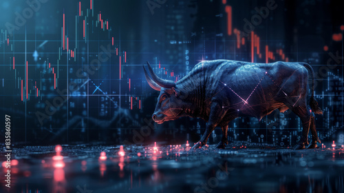Big bull and stock market. Bull market, Online stock exchange concept. Earnings on the growth of the value of assets © mongkonchai