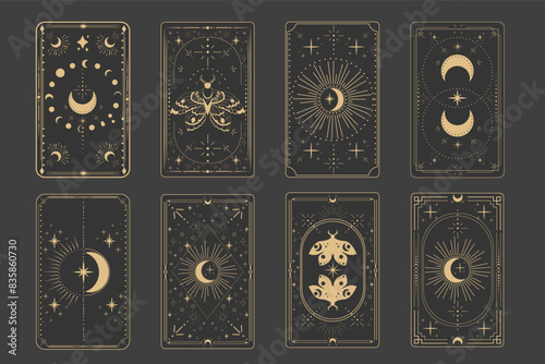 Tarot reverce border magic sacred cover card frame gold line border celelstial mystery esoteric decoration with moth stars and moon on dark background.