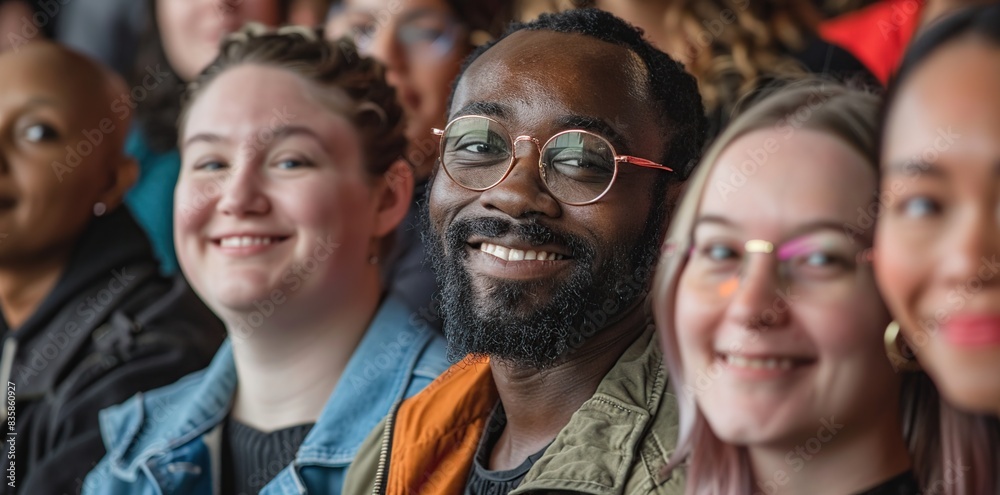 A group of diverse people are smiling at the camera, standing together in an audience or crowd. A group of diverse people are smiling at the camera, standing together in an audience or crowd.