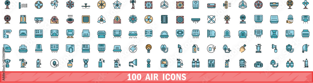 100 air icons set. Color line set of air vector icons thin line color flat on white 100 air icons set. Color line set of air vector icons thin line color flat on white