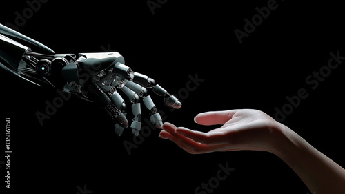 Human and robot hands reaching out, AI, Machine learning, Robot and human touching on big data, Science and artificial intelligence digital technologies of futuristic © JohnWeeknd