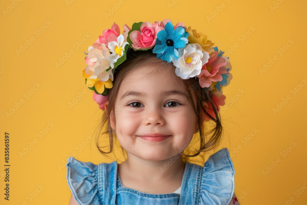 Happy little girl wearing flower wreath on head smiling and looking at camera isolated over yellow background. Happy children's day concept. copy space, Happy little girl wearing flower wreath on head smiling and looking at camera isolated over yellow background. Happy children's day concept. copy space,