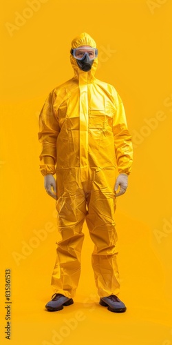 Man in a yellow biological level A hazmat suit standing against a pure plain yellow background © robfolio