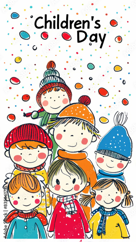 Cheerful children celebrating Children’s Day in colorful winter clothing. Concept of joy, childhood, and festive fun. Cheerful children celebrating Children’s Day in colorful winter clothing. Concept of joy, childhood, and festive fun.