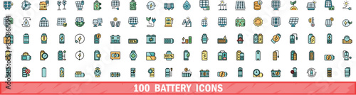 100 battery icons set. Color line set of battery vector icons thin line color flat on white