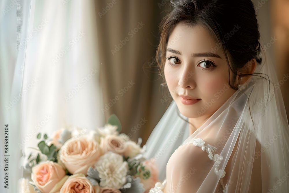 Naklejka premium A beautiful bride with a bouquet of flowers