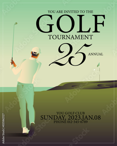 Golfclub competition poster. Template for golf competition or championship event. Blue sky and green golf field.