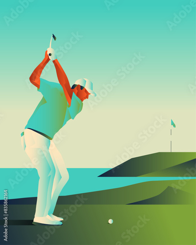 Golfclub competition poster. Template for golf competition or championship event. Blue sky and green golf field.