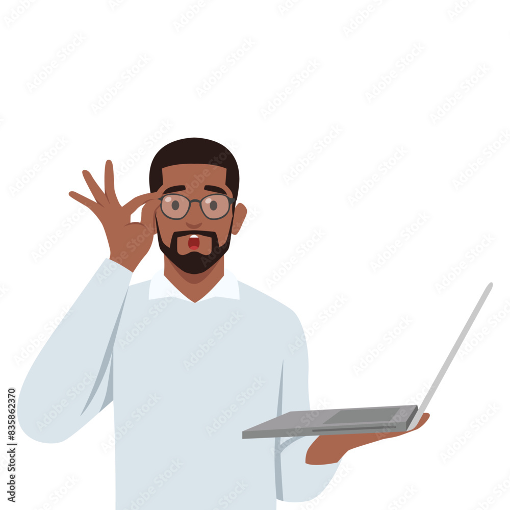 Shocked young business man holding laptop and covering mouth with hand. Flat vector illustration isolated on white background Shocked young business man holding laptop and covering mouth with hand. Flat vector illustration isolated on white background