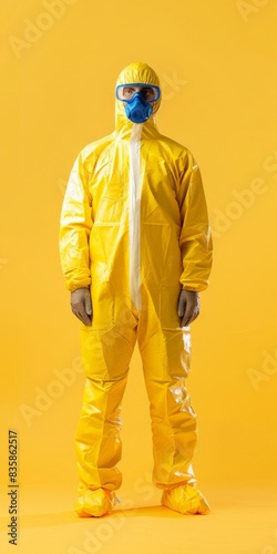 Man in a yellow biological level A hazmat suit standing against a pure plain yellow background